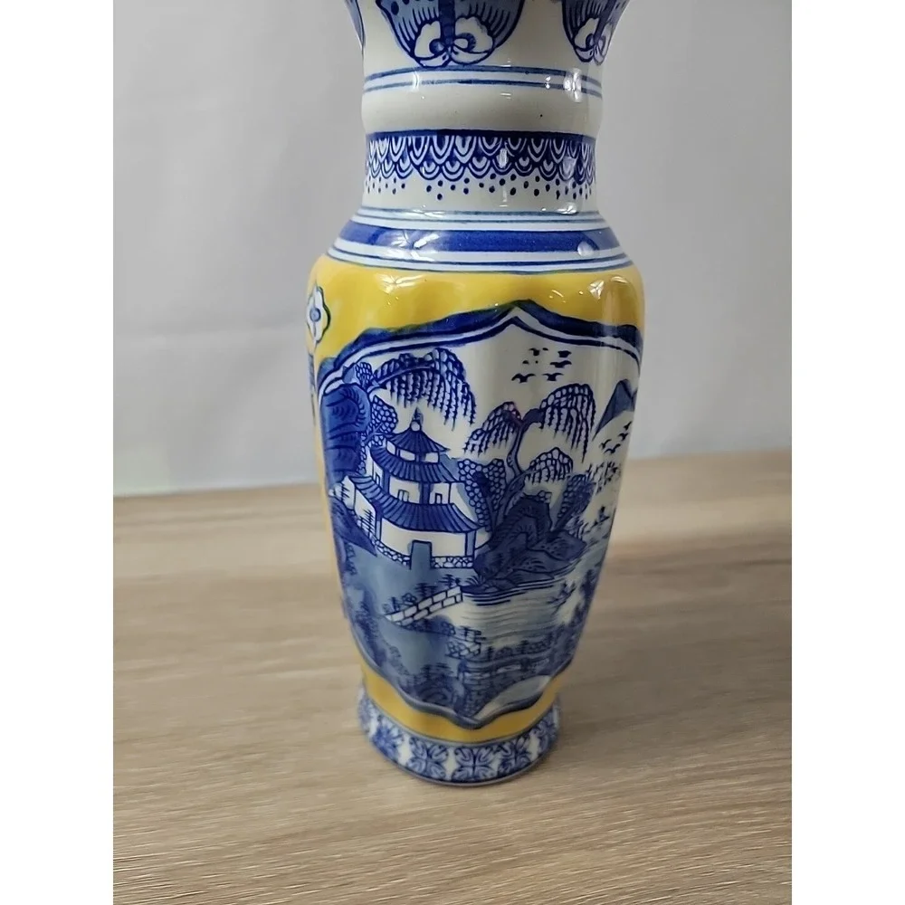 Vtg Chinese Chinoiserie Blue Yellow Asian Vase pagoda mountain tree design